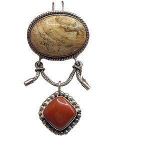 Saurti Bali BA Sterling Silver 925 Brown Red Jasper Pendant Necklace Brooch Dang